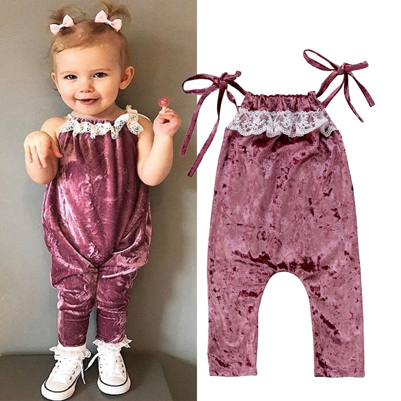 Focusnorm 0-5y baby jenter fløyel romper ermeløs fast belte uformelt sommer jumpsuits antrekk