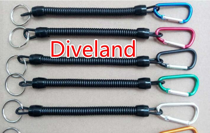 5 stk / parti spearfishing tilbehør dykning anti-lost spring coil lanyard with aluminium alloy carabiner