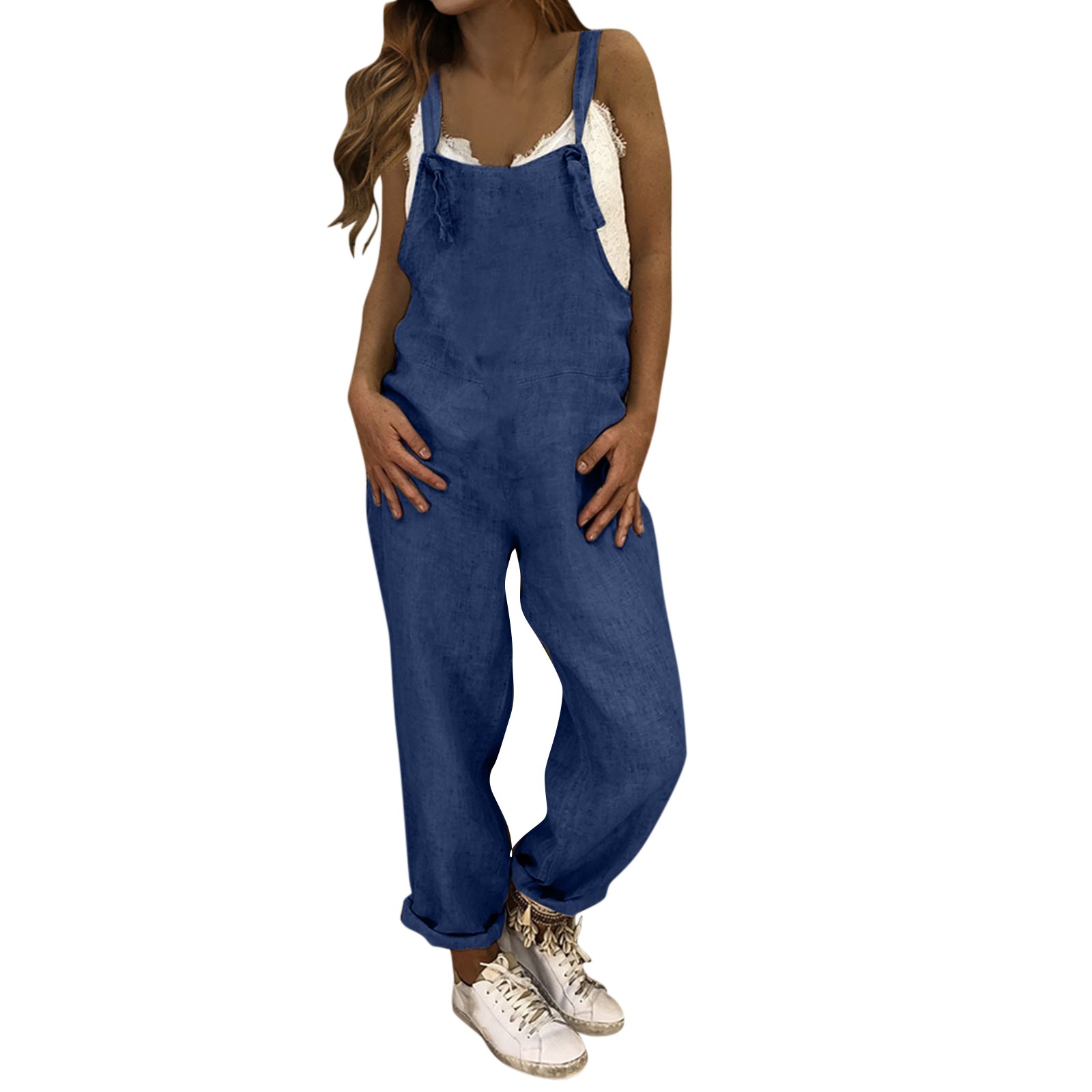 Jumpsuit plus size ensfarvede vide ben kvinder jumpsuit sommer afslappet løs ærmeløs lommer hagesmækken overalls sparkedragter