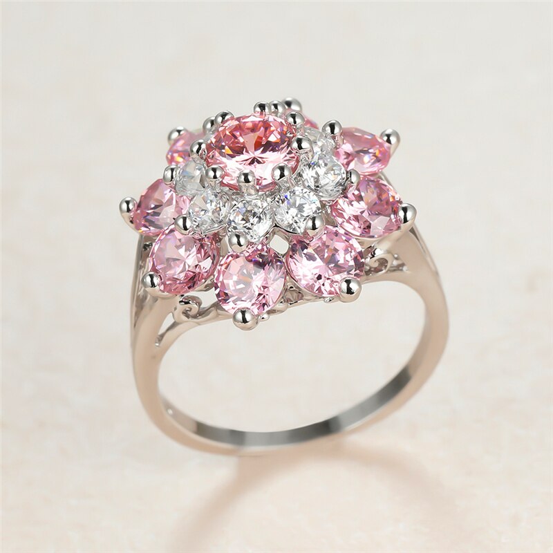 Charme Silber Farbe Große Hochzeit Ring zierlich Nette Blume Zirkon Engagement Ring Jahrgang Weibliche Rosa Kristall Stein Ringe Für Frauen