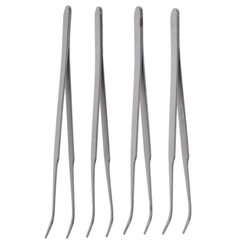 Silver Tone 5 Inch Length Metal Bent Tip Tweezers 4 Pcs