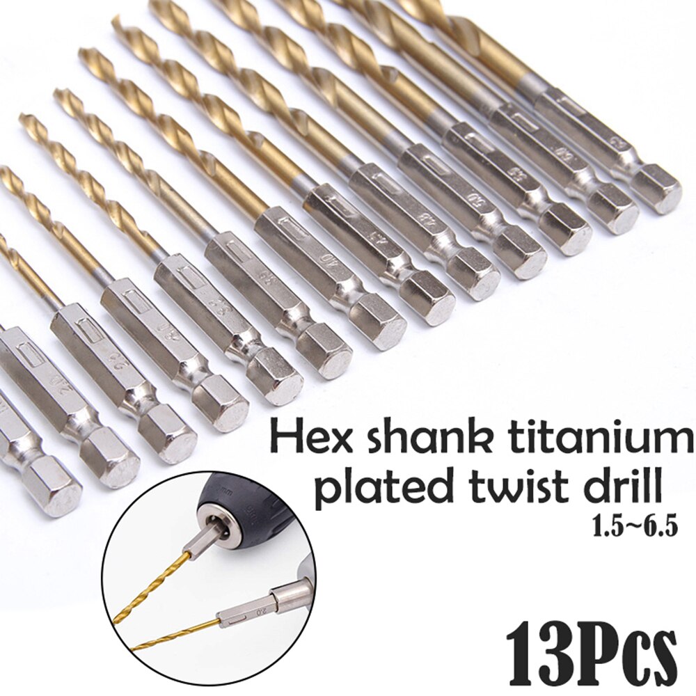 13pcs HSS Drill Bit Set High Speed Steel Titanium Coated Drill Bit 1/4 Hex Shank 1.5-6.5mm Hexagonal Handle Twist Drills