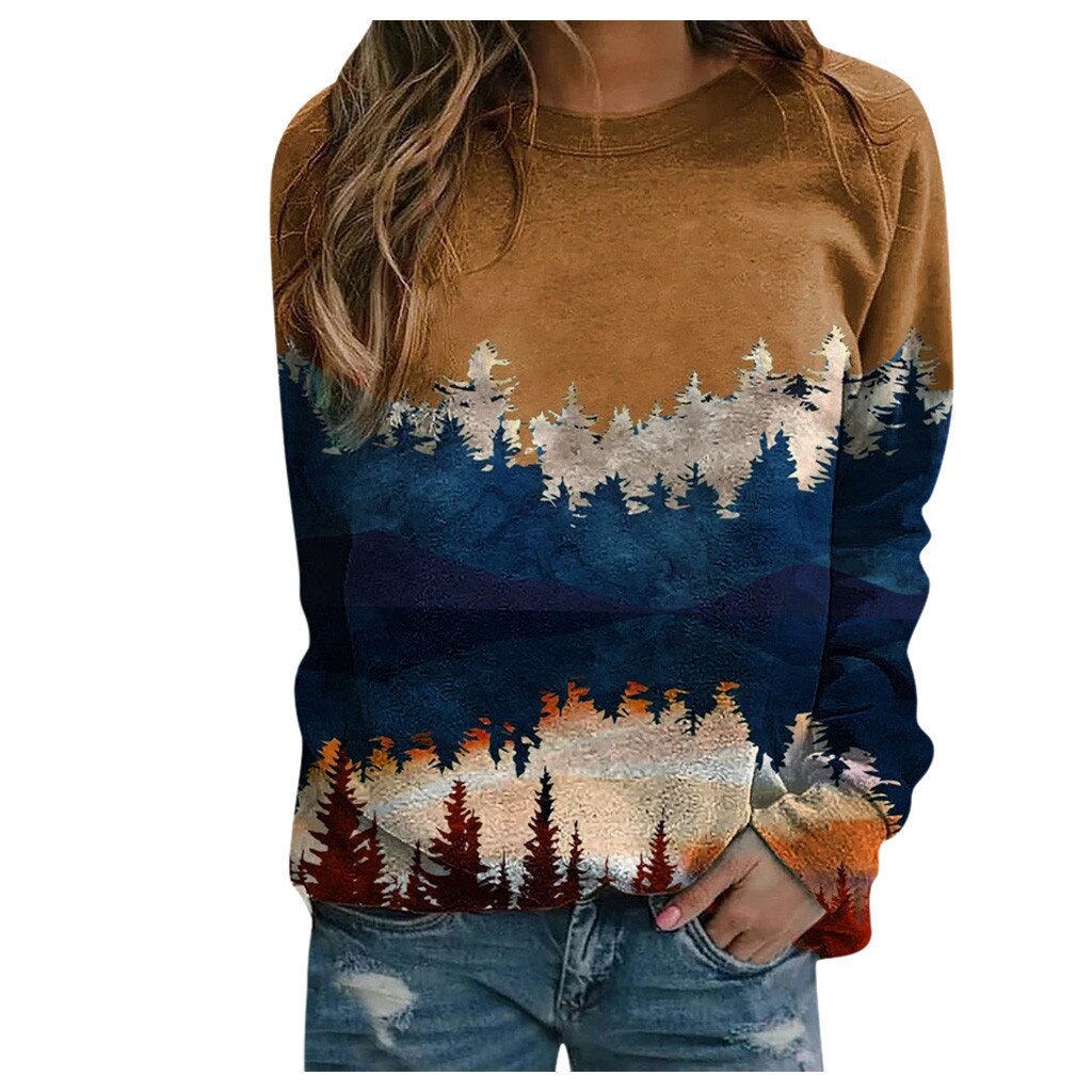 Femmes imprimé à manches longues sweat-shirt Pullover décontracté éléments de montagne imprimé décontracté dames col rond pour l'automne hiver: Yellow / M