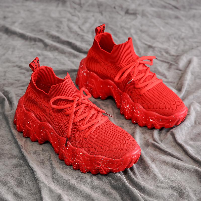 Newdiscvry åndbare kvinders platform sneakers kvinder chunky sko dame sneakers afslappet kvindefodtøj: Rød / 39