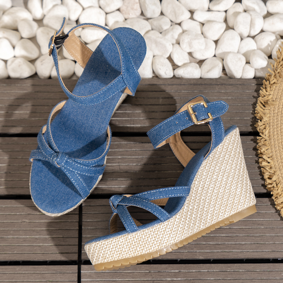 Sandalias de cuña de plataforma gruesa para mujer, Sandalias de playa vaqueras azules de verano 2024, Sandalias de tacón alto con correas en el tobillo de talla grande 42 para mujer