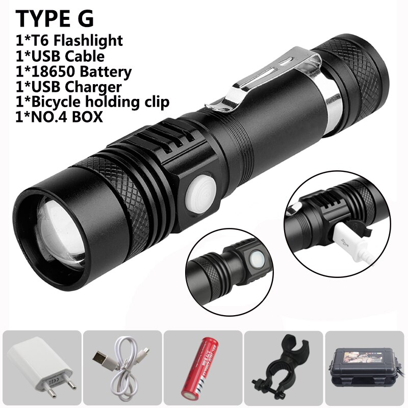 Powerful 6000ml T6 Flashlight Aluminum Waterproof Zoomable Mini Flashlight 18650 Rechargeable For Camping charging lamp: TYPE G
