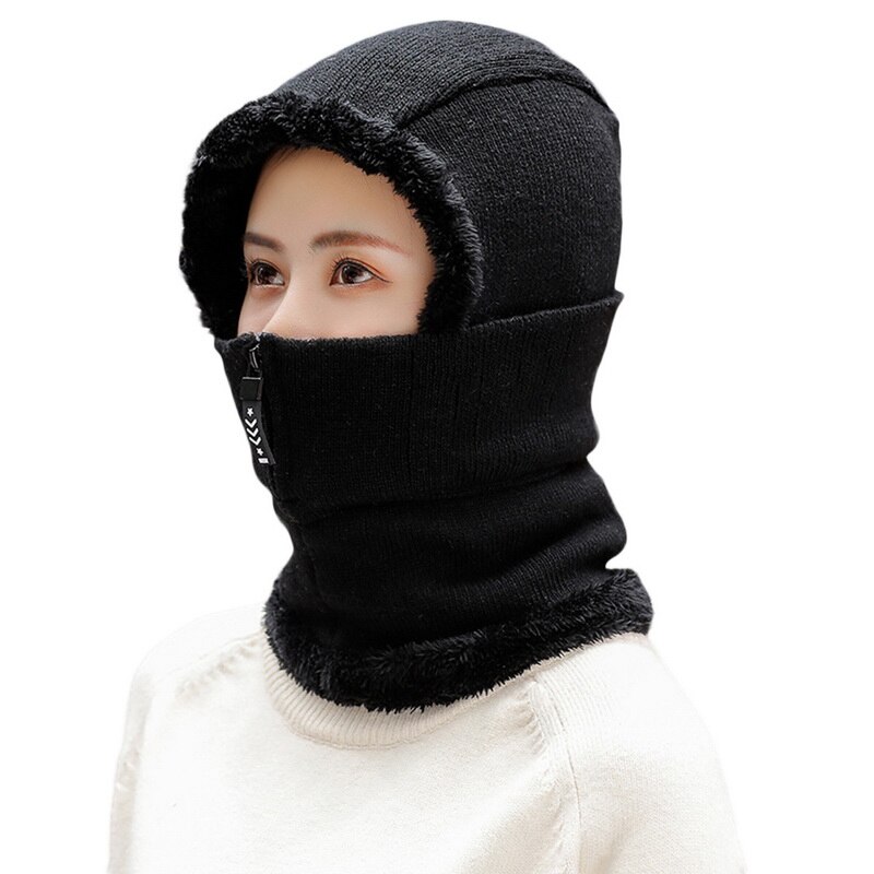 Dames winter warme wollen muts met fluweel dames warme wollen muts met bib masker en oorbescherming stofdichte fietsmutsen: Zwart
