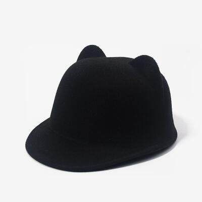 SUOGRY Mother daughter felt fedora hat child adult solid color cat ears short brim hat for women men equestrian knight caps: black / Children size