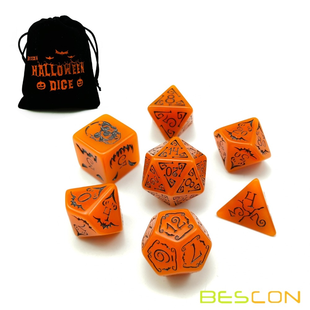 Bescon Gloeiende Halloween Polyhedrale Dobbelstenen 7 Stuks Set, Lichtgevende Halloween Rpg Dobbelstenen Set, glow In Dark Halloween Dnd Spel Dobbelstenen