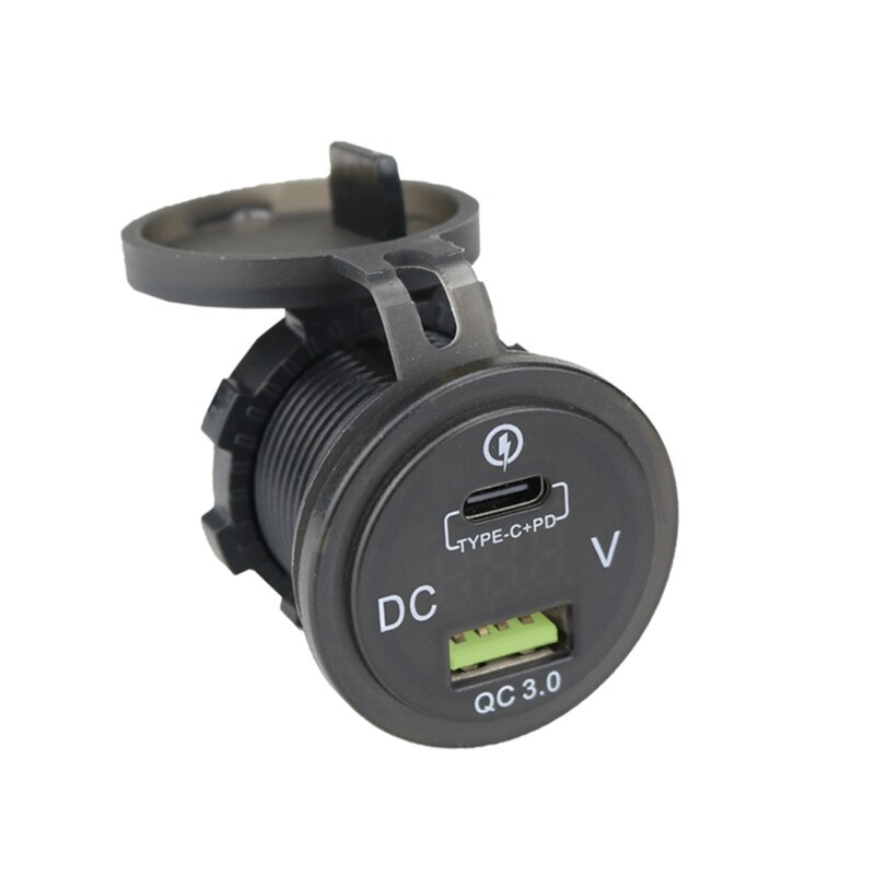 Car phone charger usb-c type-c + pd qc 3,0 socket for motorcycle, boat, mobile phone charger with led voltmeter