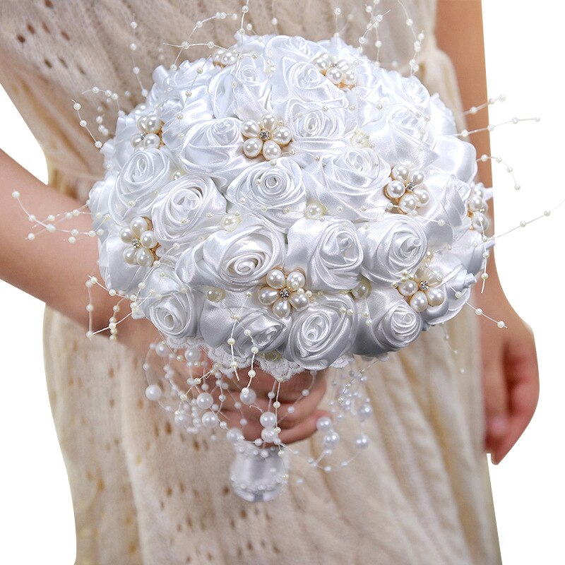 Ivory Wedding Bouquets Pearls Beaded Bridal Bouquet Bridesmaid Holder With Ribbon Rose Flowers Bouquets