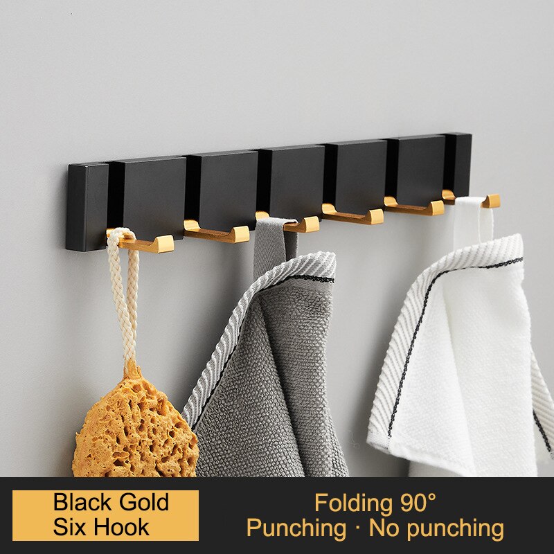 Porte-serviettes pliant Non marquant, sans poinçon, crochets muraux, porte-vêtements, pour salle de bains, cuisine, chambre à coucher, couloir: Black Gold 6 Hook 90