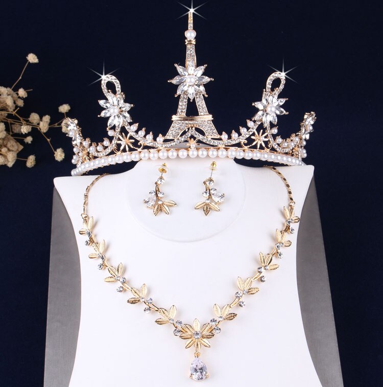 Pearl Crystal Wedding Bridal Sieraden Sets Vrouwen Gouden Bruid Tiara Kronen Prom Diadeem Earring Ketting Bruiloft Sieraden Accessoires