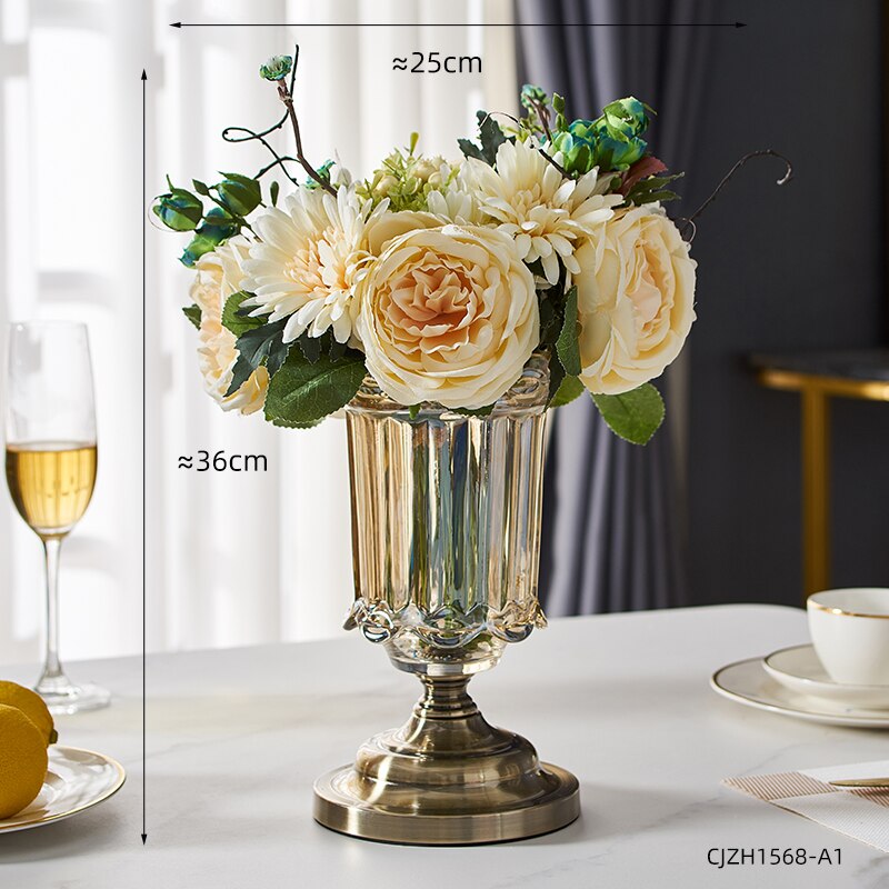 De lujo de florero de vidrio nórdico, decoración para el hogar moderno arreglo con flores artificiales de la boda jarrón de decoración de terrario Decoración Para sala de estar: A