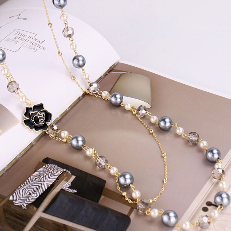 Brand Lange Gesimuleerde Parel Ketting Voor Vrouwen Camellia Dubbele Laag Hanger Lange Ketting Partij Sieraden