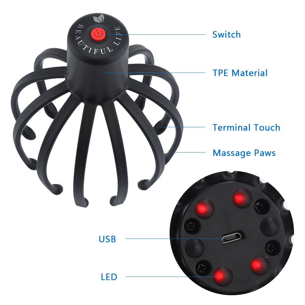 Octopus Claw Electric Scalp Stress Relief Therapeutic Head Neck Massager 3 Kind of Usage Scalp Face Body Head Scratching Massage