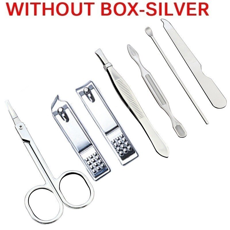 Black/Silver Stainless Steel Nail Clipper Cutter Trimmer Ear Pick Grooming Kit Manicure Pedicure Scissor Tweezer Nail Tools Set: without box-Silver