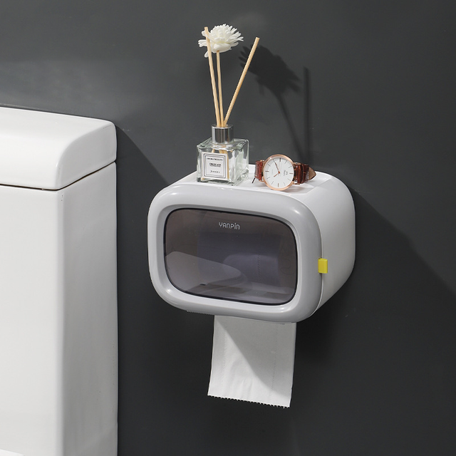 Double Layer Tissue Box Wall Mounted Toilet Paper Holder Waterproof Storage Box Mobile Phone Storage Table Bathroom Supplies: Gray C