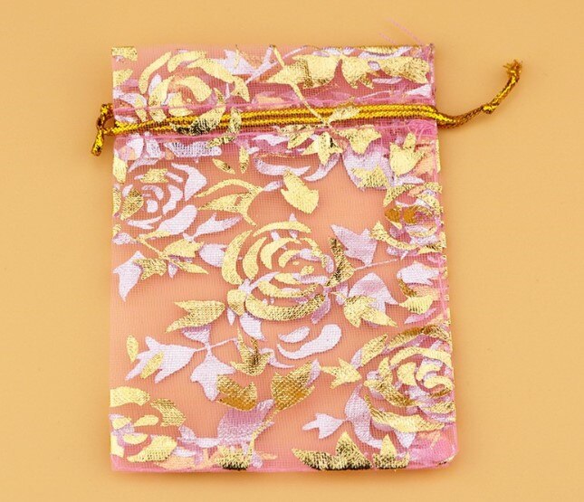 100 stuks/partijen sieradenverpakkingen, organza garen zakjes, net zakjes, gouden stempel snoepkleurige trekkoord bedankjes zakjes: Roze