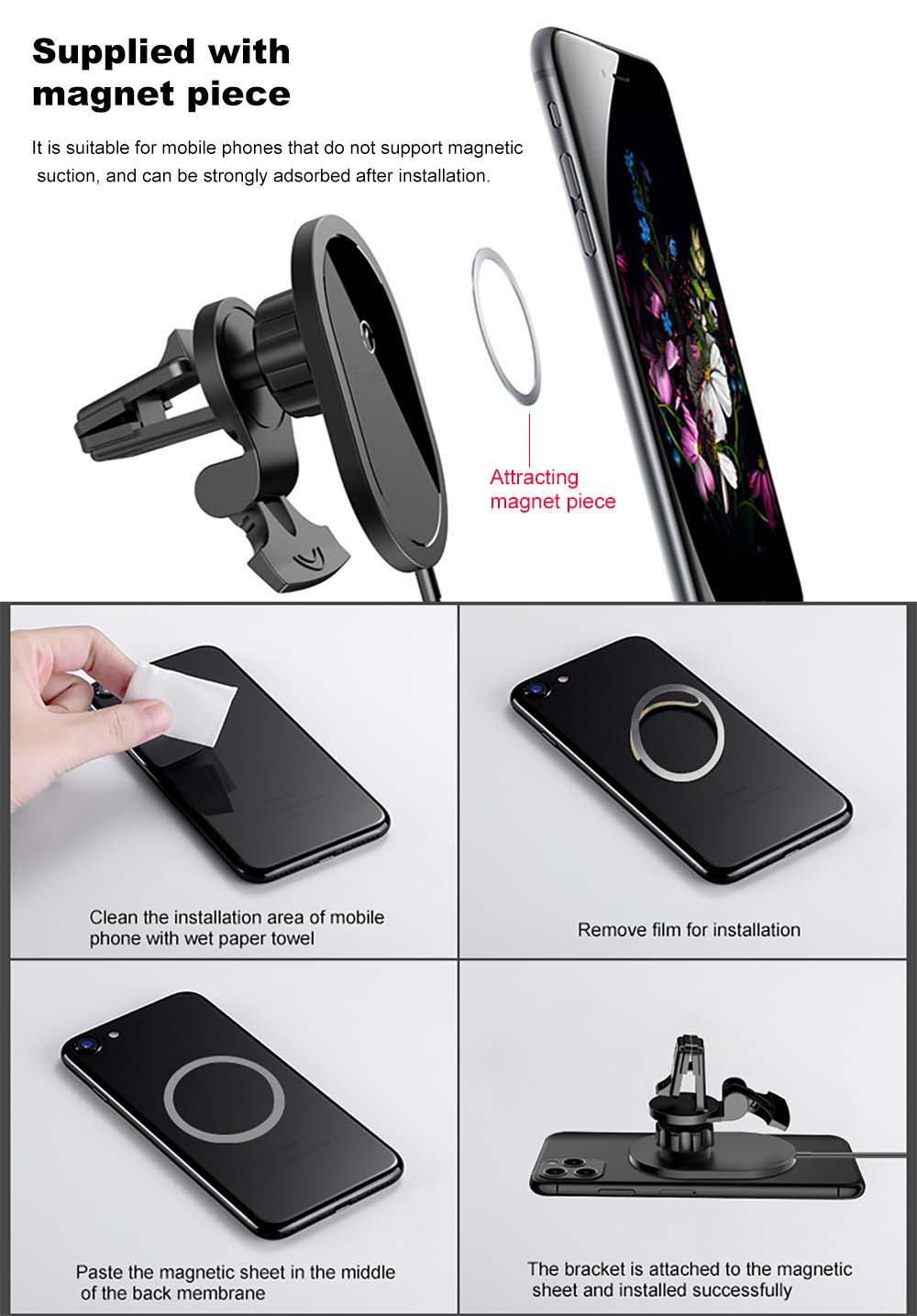 15W Magnetic Wireless Car Charger for iPhone 12/12 Pro Max, Samsung S20/S10, Huawei Mate 40 Pro - Fast Charge Phone Holder