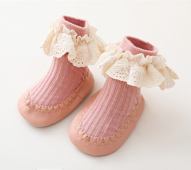 Baby Girls Ruffle Socks With Rubber Soles Infant Sock Newborn Autumn Children Floor Lace Flowers Shoes Anti Slip Soft Sole Sock: Light Red / 0-6Months(S)