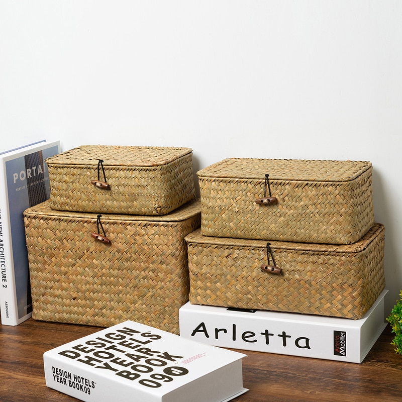 Rectangular Weaved Storage Box with Lid Rattan Storage Baskets Home Bathroom Sundries Laundry Toys Clothes Storage Organizer