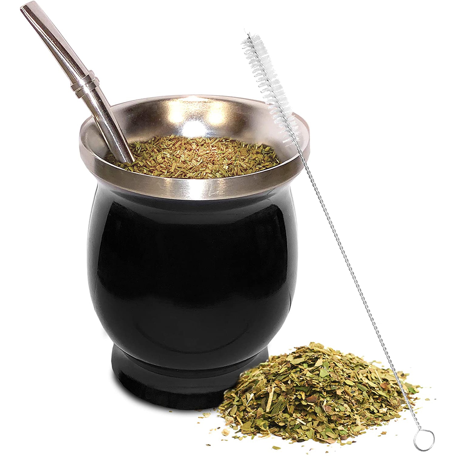 Yerba mate naturlig kalebass/tekopp set 8 ounce bombillas yerba mate halm, rengöringsborste, rostfritt stål, dubbelväggig, lätt att rengöra: Svart