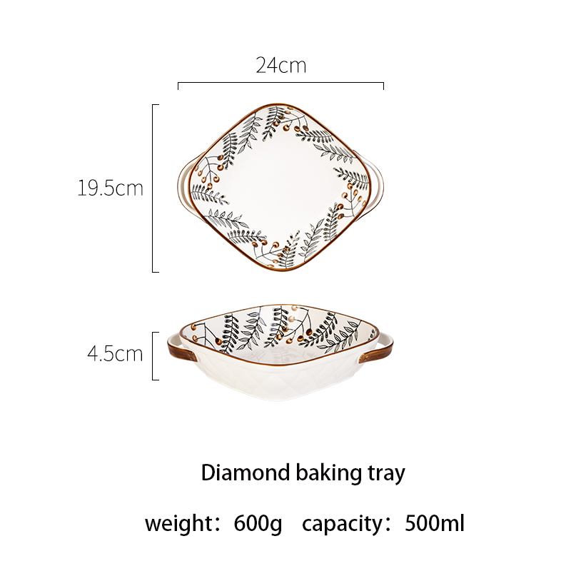 Mdzfsweethome folha veia pintados à mão placa sobremesa macarrão bife salada louça placas de cozimento lasanha pan resistente ao calor: Diamond