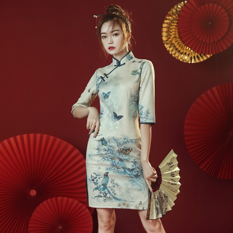 Qipao chino tradicional de para mujer, vestido de media manga, Cheongsam impreso, , de noche, ropa de Año Chino
