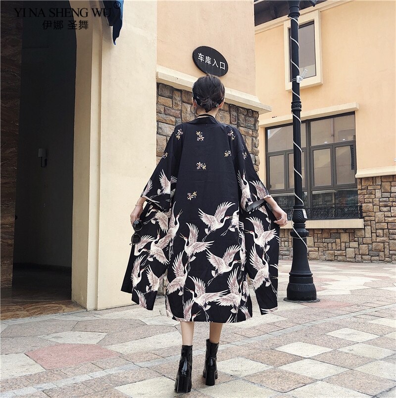 Kimono japonés de tipo Yukata Kimono Cardigan blusa de mujeres de manga larga Cardigan Haori Kimonos tradicionales cinturón de vestido largo
