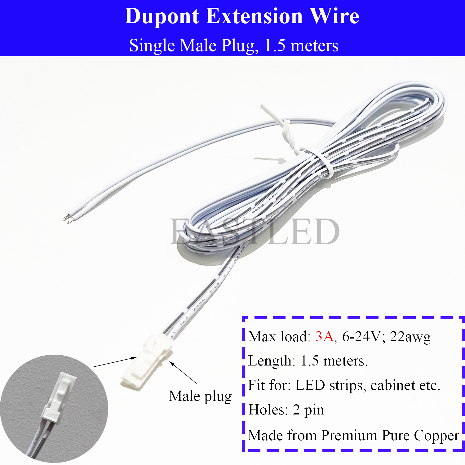 Cable de extensión de luz para armario de cocina, Cable Dupont de 14cm, 30cm y 60cm, enchufe macho a hembra de 2 pines, conectores de luz LED, línea de doble extremo: Blanco