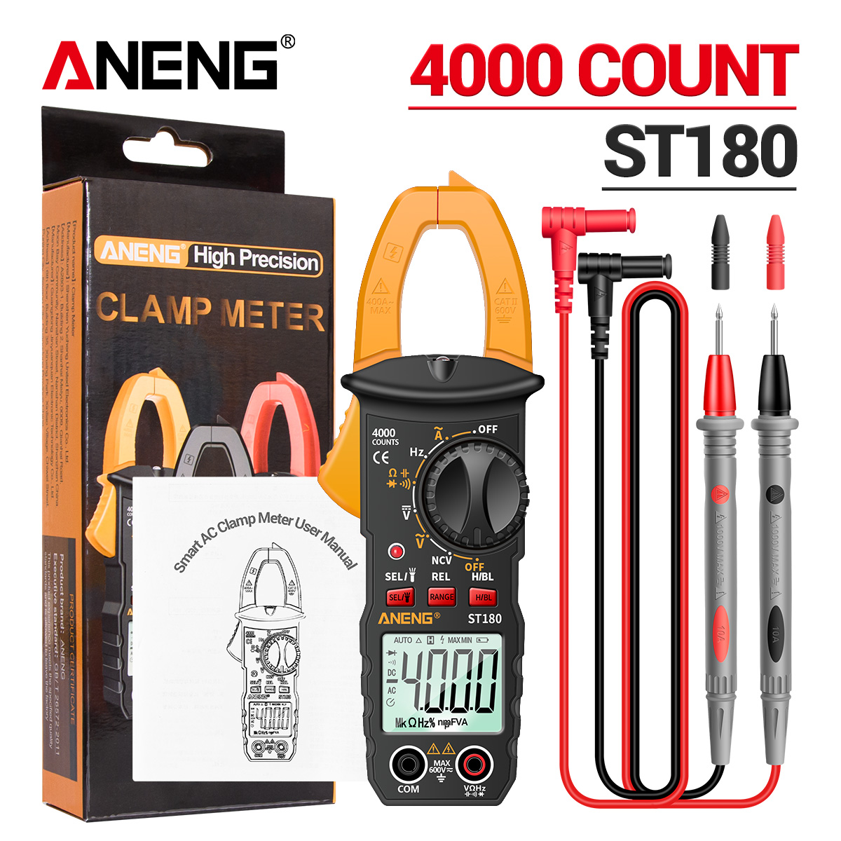ANENG ST180 pince multimètre numérique 4000 points ampèremètre de courant alternatif multimètre testeur de tension ampli de voiture Hz capacité NCV Ohm outils: YELLOW