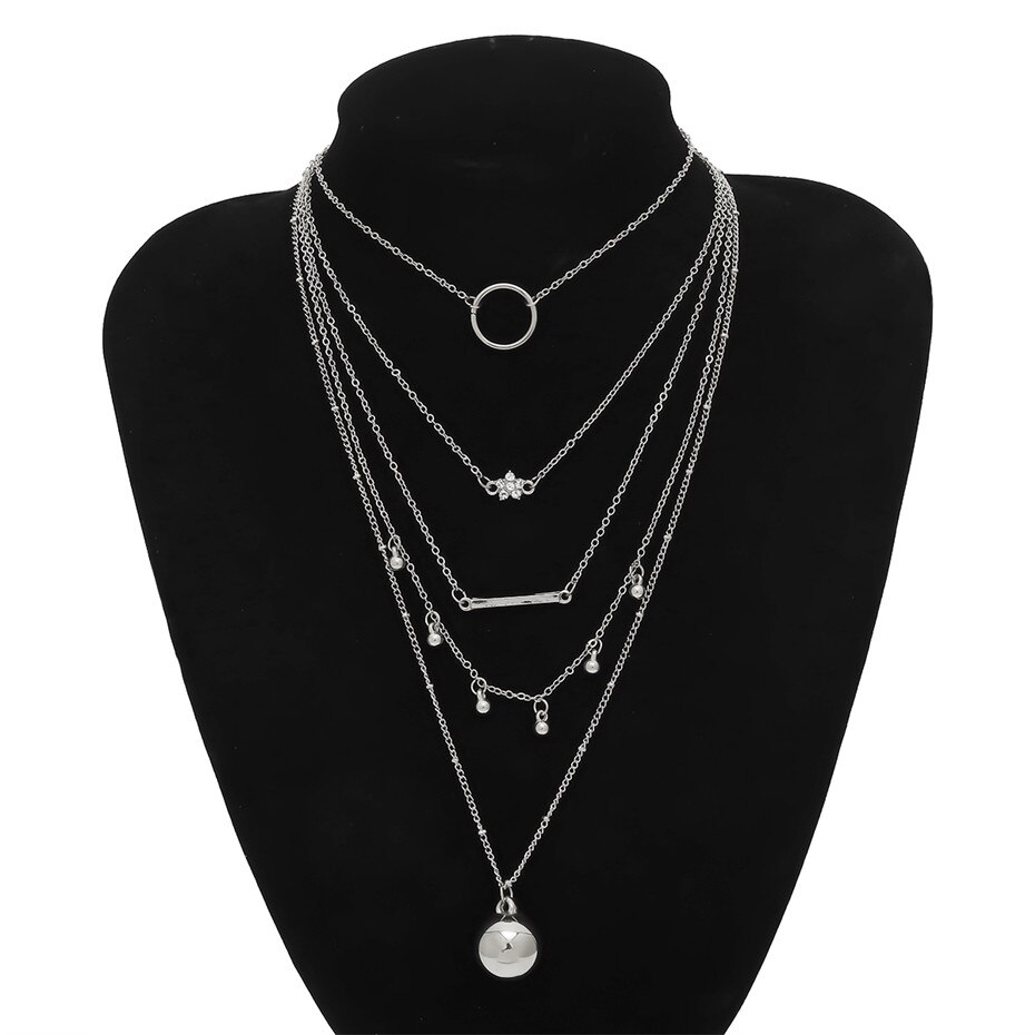 Ingesight. Z 2 Stks/set Multi Layer Kleine Cirkel Crystal Choker Ketting Voor Vrouwen Kleine Bal Kwastje Hanger Kettingen Sieraden: Silver Color