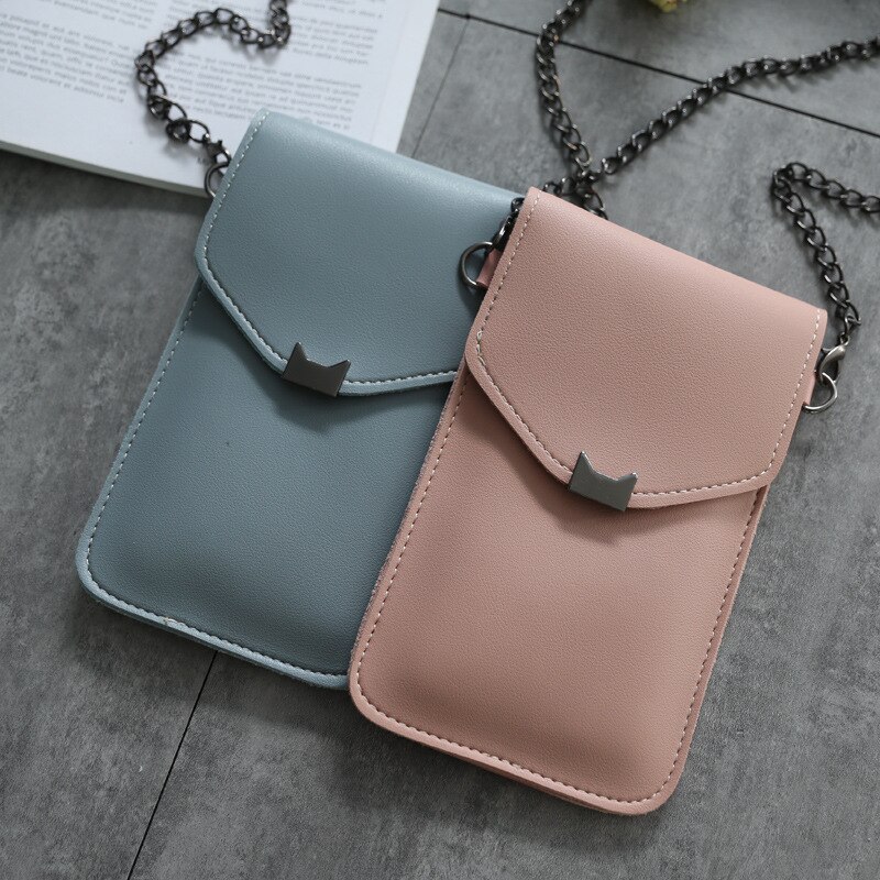 Saco do mensageiro da corrente das mulheres da tela de toque transparente da orelha do gato retro simples saco do telefone móvel sacos pequenos da aleta mini bolsa de ombro