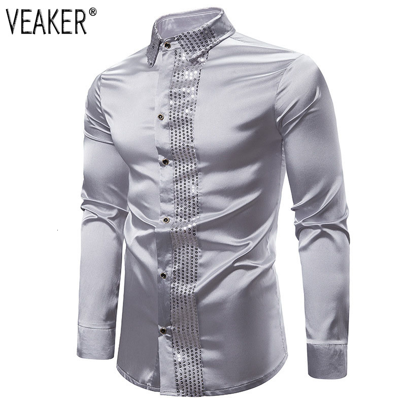 Herre silke satin skinnende skjorter mandlig slim fit langærmet pailletter patchwork fest natklub bryllup skjorte s -2xl