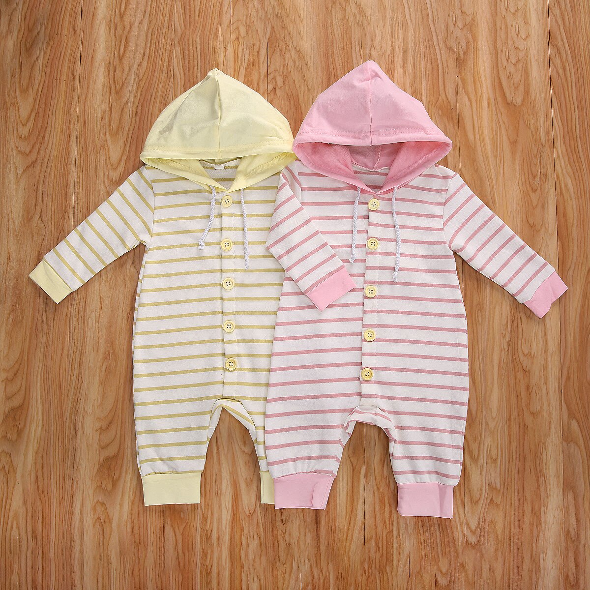 FOCUSNORM 0-24M Autumn Winter Baby Girls Boys Striped Rompers Hooded Long Sleeve Single Breasted Jumpsuits