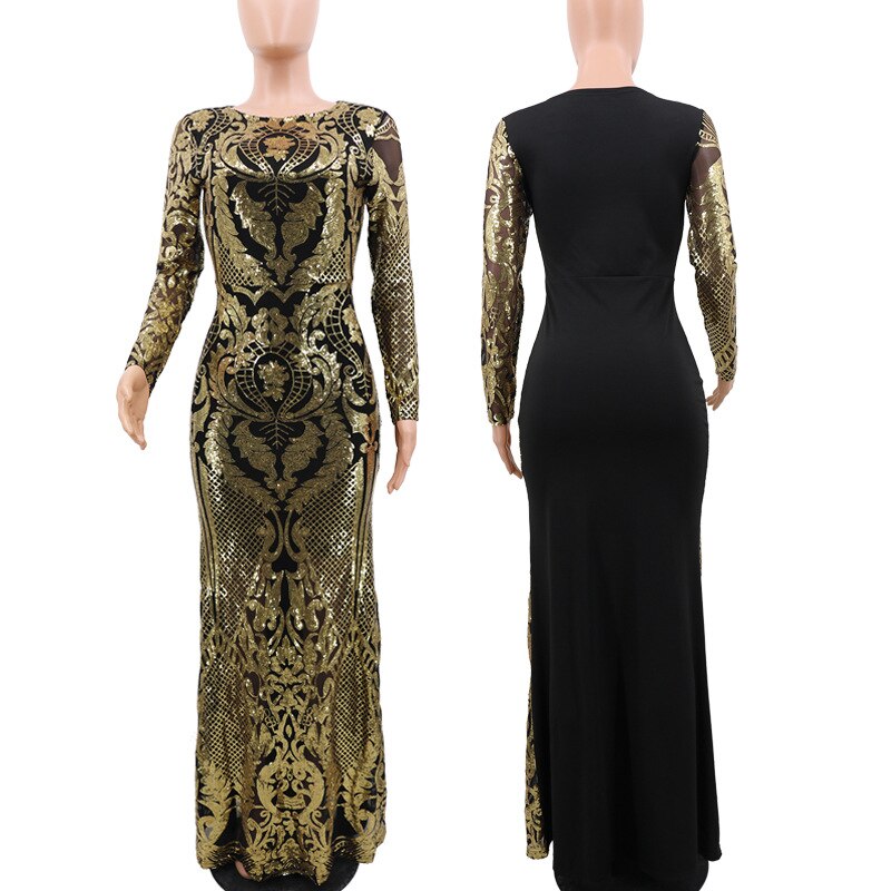 African Dresses For Women Evening Dress Black Golden Sequins Beaded Formal Long Evening Party Dress Africa Clothing