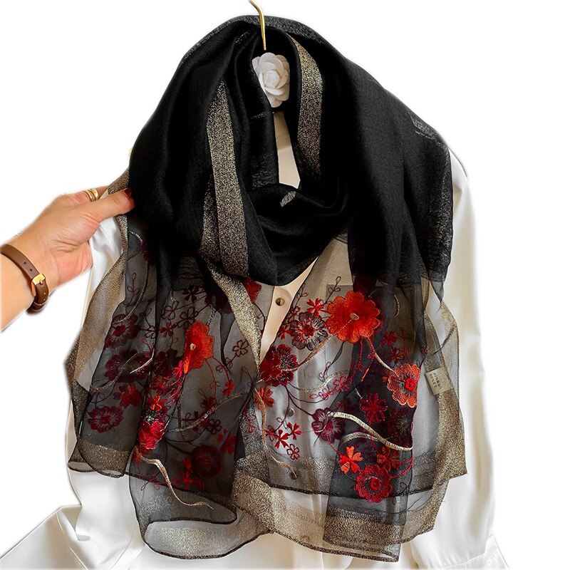 Mærke solid tørklæde silke uld tørklæder kvinder broderi varm lang sjal bandana foulard pashmina poncho