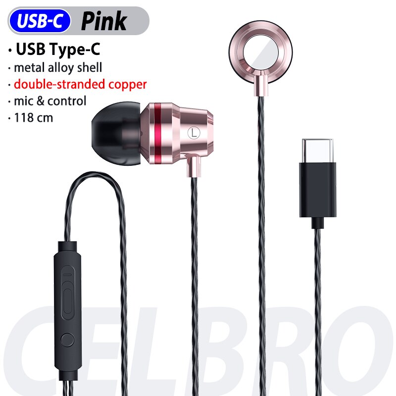 Auriculares con cable Tipo C, Auriculares internos profesionales con micrófono para Xiaomi Realme, Huawei y Samsung: pink type c plug