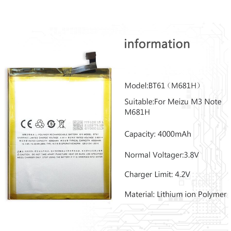 praktisch Ersatz Batterie BT61 (M) Für Meizu Meizy M3 Hinweis M681 M681H 4000mAh