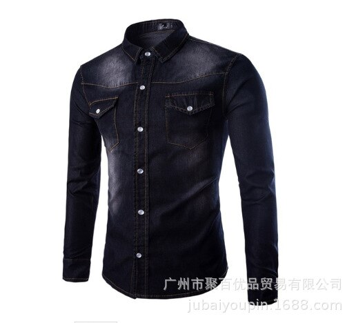 Mænds denim skjorter slim fit langærmet skjorte denim skjorte mænd casual slim fit knap skjorter med lomme herre skjorte: Sort / 2xl