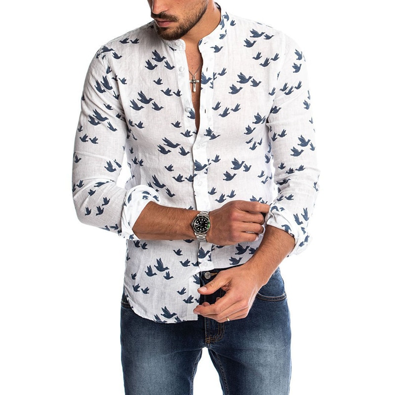 Bird Printed Linen Shirt For Women Casual Stand Collar Short Sleeve Summer Shirts White Male Blouse Men's Clothing
