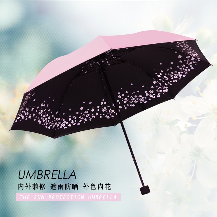 Sakura Drievoudige Paraplu Vrouwen Winddicht Potlood Regenachtige Paraplu Dier Kat Zwarte Coating Pocket Parasol Paraplu