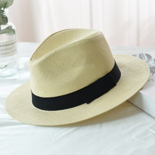 Ht2261 sommer hatte til mænd kvinder halm panama hatte solid almindelig bred kant strand hatte med bånd unisex fedora sol hat: Beige