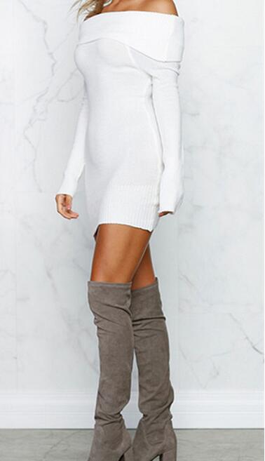 Lente off shoulder gebreide bodycon jurk Vrouwen lange mouw herfst sexy jurk party korte witte jurken vestidos