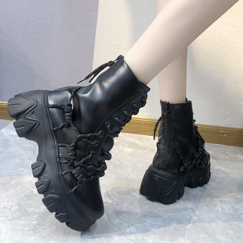 Black Punk Style Platform Women Ankle Boots Cross Strap Chunky Heels Boots Woman Waterproof Pu Leather Shoes