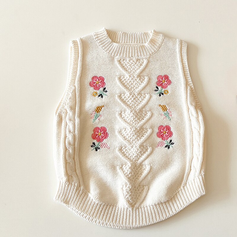 Pulls de Style coréen pour enfants, pull tricoté, hauts pour bébés filles, gilet tricoté, sans manches, broderie de fleurs, printemps automne