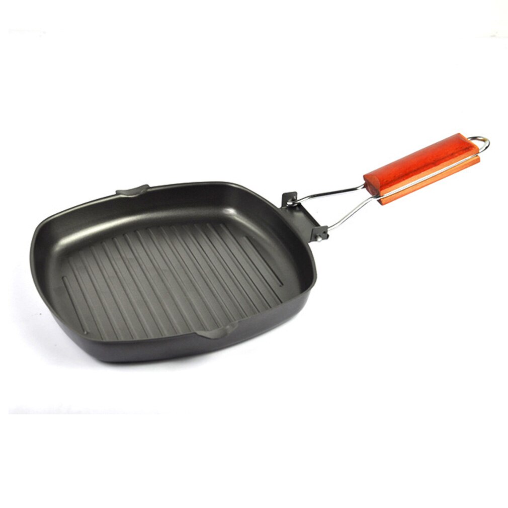 Cast Iron Steak Grill Pans Non-Stick Frying Pan Wooden Handle Folding for Kitchen Fry Cooking Steak Pans Portable Square Grill