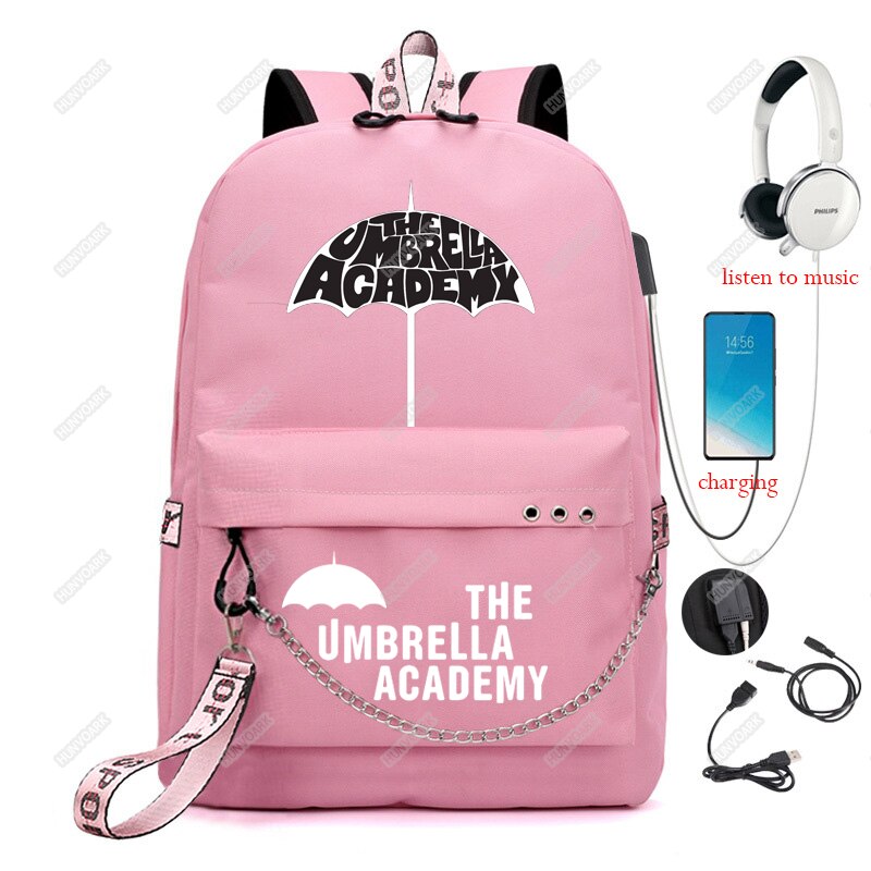 Mochila De La Academia paraguas Usb para hombre y mujer, Bolsa Escolar para ordenador portátil, mochila de viaje, Mochilas de ocio con cadena: Pink-2