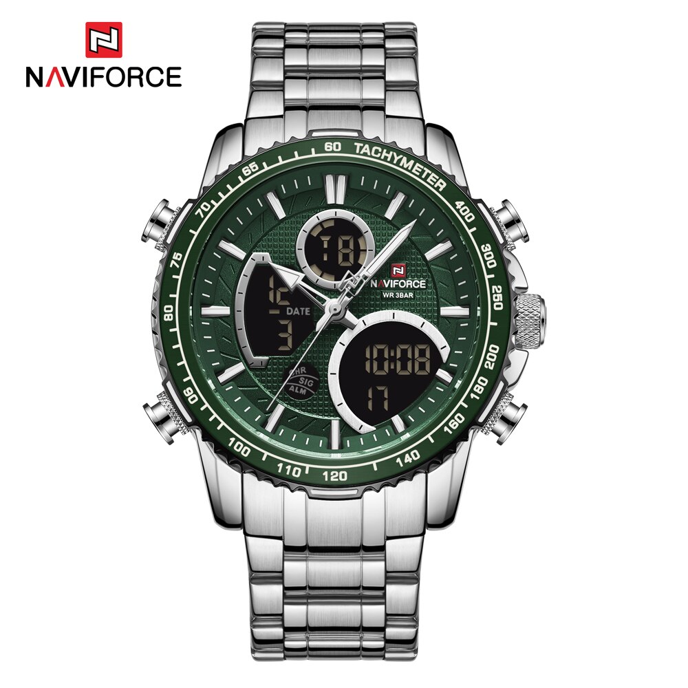 Naviforce Mannen Horloge Waterdichte Grote Wijzerplaat Sport Horloges Mannen Analoge Digitale Waterdichte Quartz Horloge Datum Mannelijke Klok: Silver Green